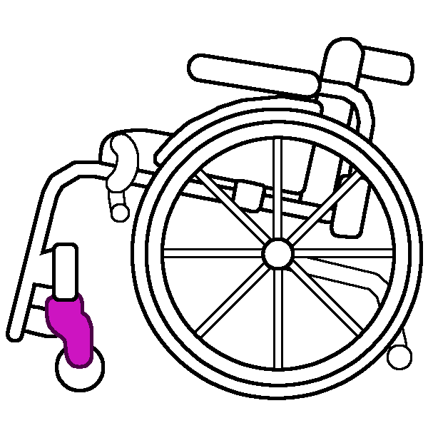 A black and white rigid wheelchair in profile with a bright pink caster fork.